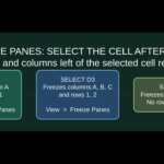 Original illustrated Excel freeze panes guide with B2 freezing column A and row 1, and D3 freezing columns A through C and rows 1 to 2