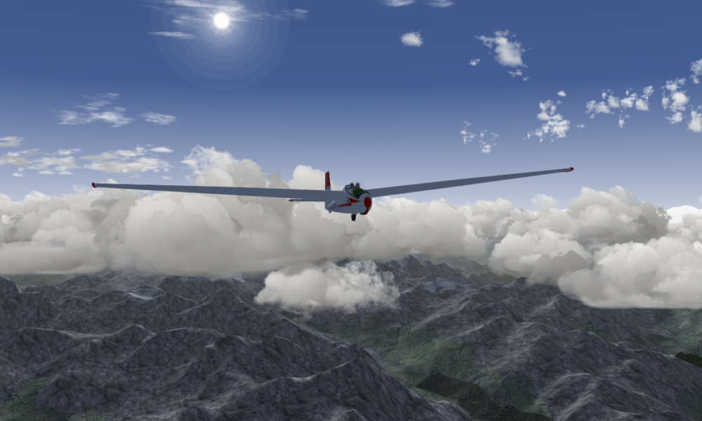 Real FlightGear screenshot: Boican glider flying above Alpine mountains in Samedan