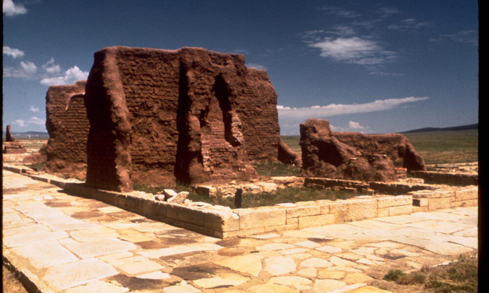 Original adobe walls and stone walking path at Fort Union National Monument, New Mexico