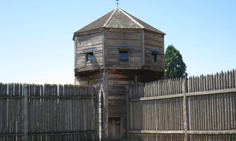 The wooden stockade and octagonal bastion at the reconstructed Fort Vancouver historic site in Vancouver, Washington
