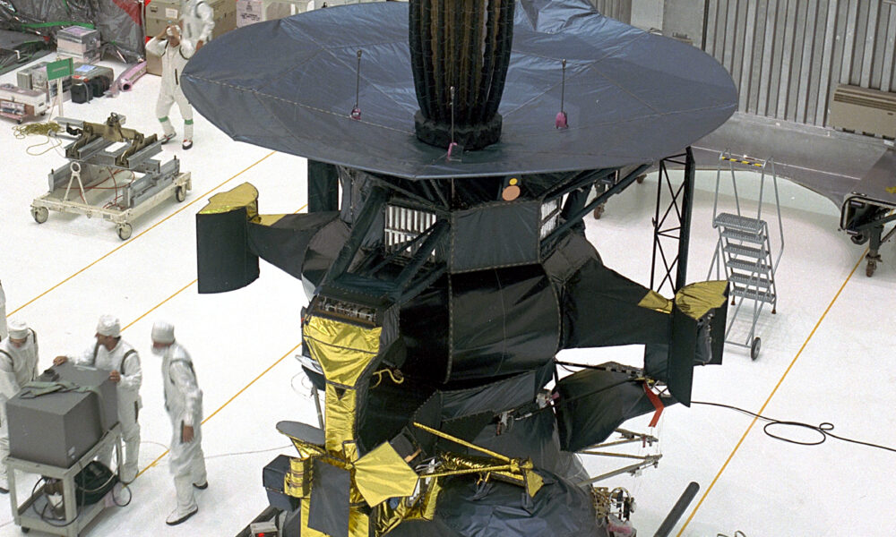 Galileo spacecraft in NASA assembly building during preparations for the Jupiter mission