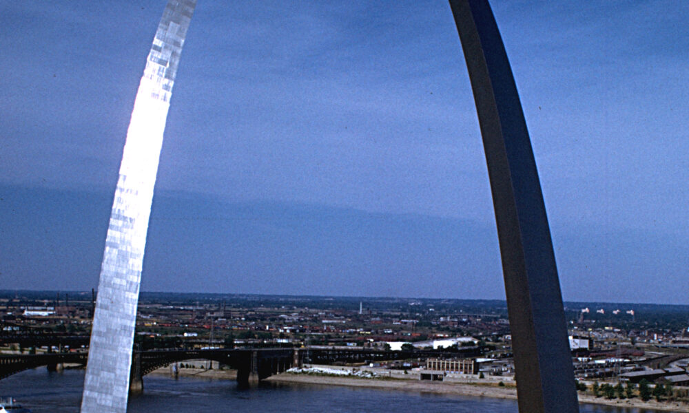 Gateway Arch in St. Louis above the Mississippi riverfront, photographed by the National Park Service