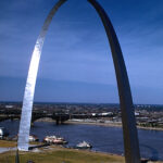 Gateway Arch in St. Louis above the Mississippi riverfront, photographed by the National Park Service
