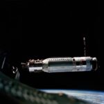 Actual Gemini VIII view of the Agena target vehicle in orbit shortly before the first space docking on March 16, 1966