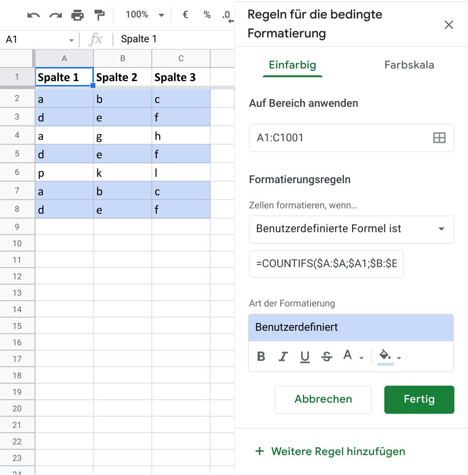 Spreadsheet with row comparison and conditional formatting highlights