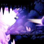 Actual Hollow Knight game screenshot showing the Knight dashing across an underground cavern with health HUD