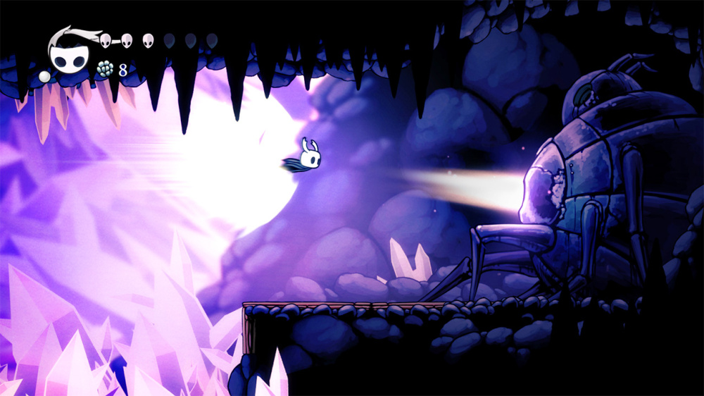Actual Hollow Knight game screenshot showing the Knight dashing across an underground cavern with health HUD