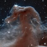 Real 2013 Hubble infrared photograph of the Horsehead Nebula in Orion showing the horse-shaped dust silhouette and wispy glowing rim