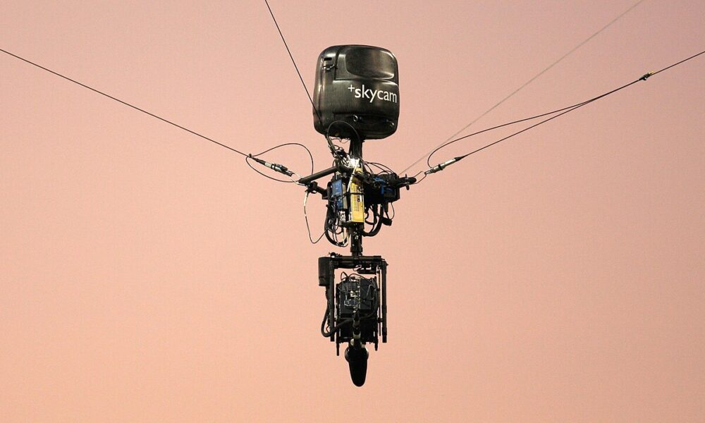 Skycam and the football field at Husky Stadium in Seattle during an archival Washington Huskies game
