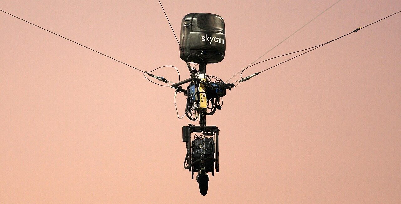 Skycam and the football field at Husky Stadium in Seattle during an archival Washington Huskies game