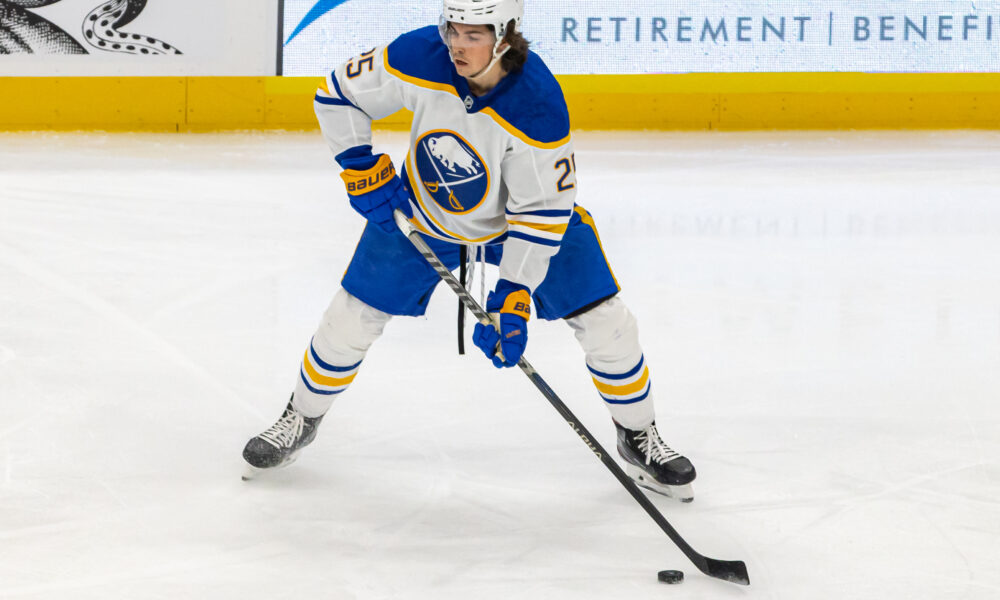 Buffalo Sabres defenseman Owen Power controls the puck against the Seattle Kraken in 2022