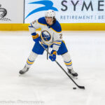 Buffalo Sabres defenseman Owen Power controls the puck against the Seattle Kraken in 2022