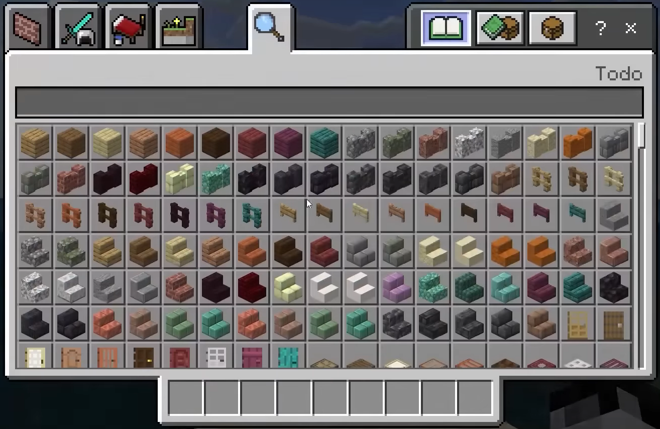 Official Minecraft Bedrock Edition Creative Mode inventory showing in-game blocks and item tabs