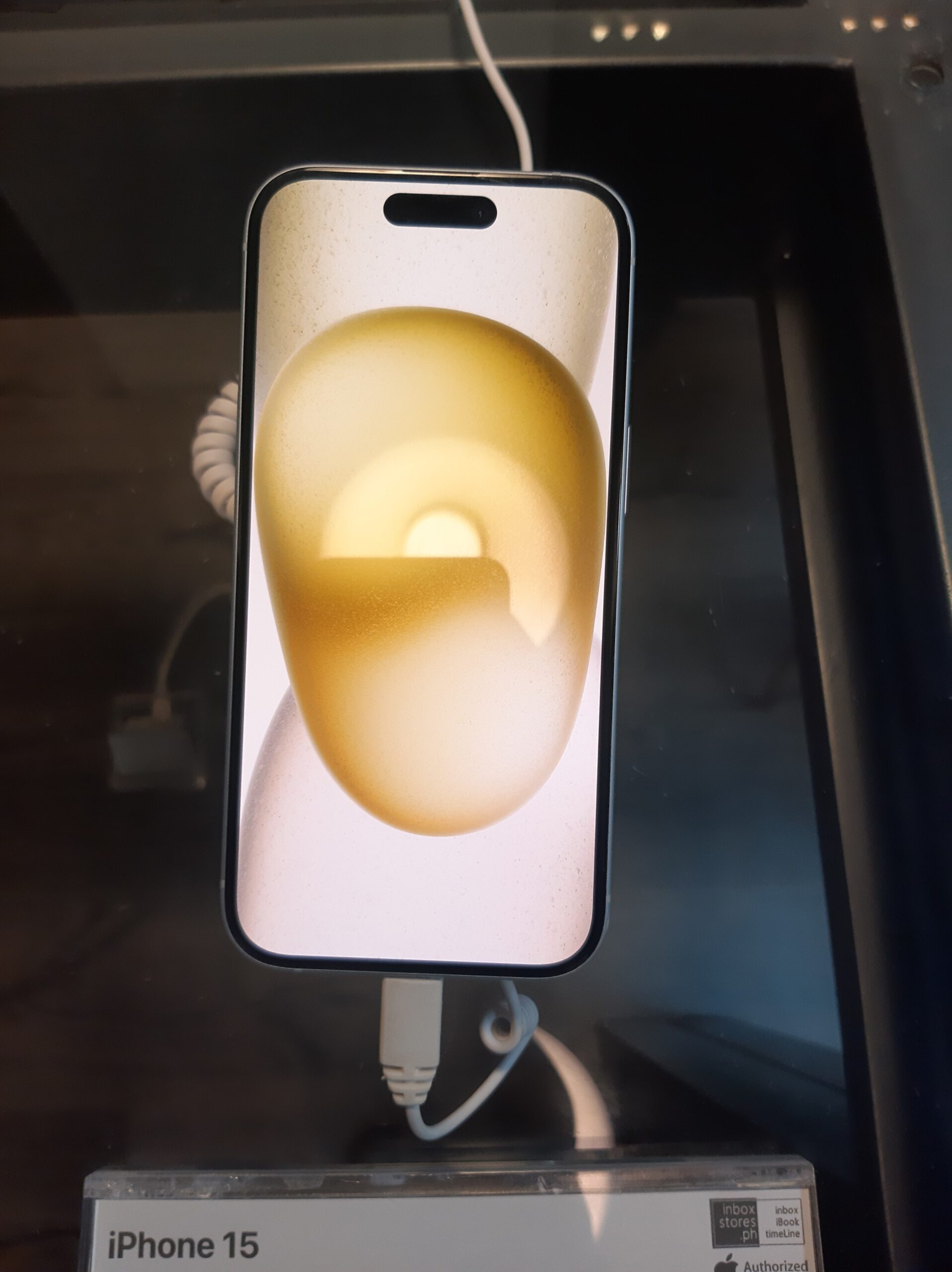 Real iPhone 15 device used to illustrate viewing saved Wi-Fi passwords in iPhone settings