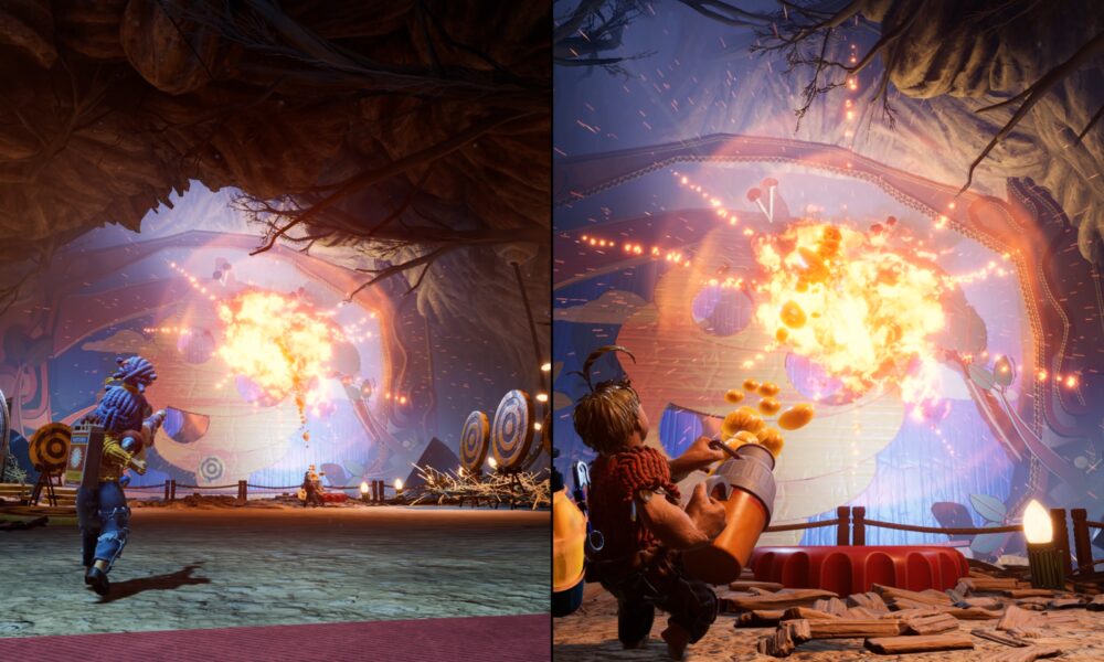 Real It Takes Two video game gameplay showing Cody and May cooperating during an action challenge inside a giant workshop