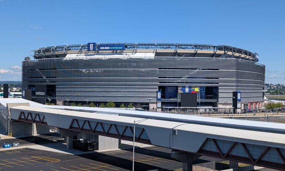 Exterior photograph of MetLife Stadium in East Rutherford New Jersey in June 2026, venue of the Jets versus Browns October game