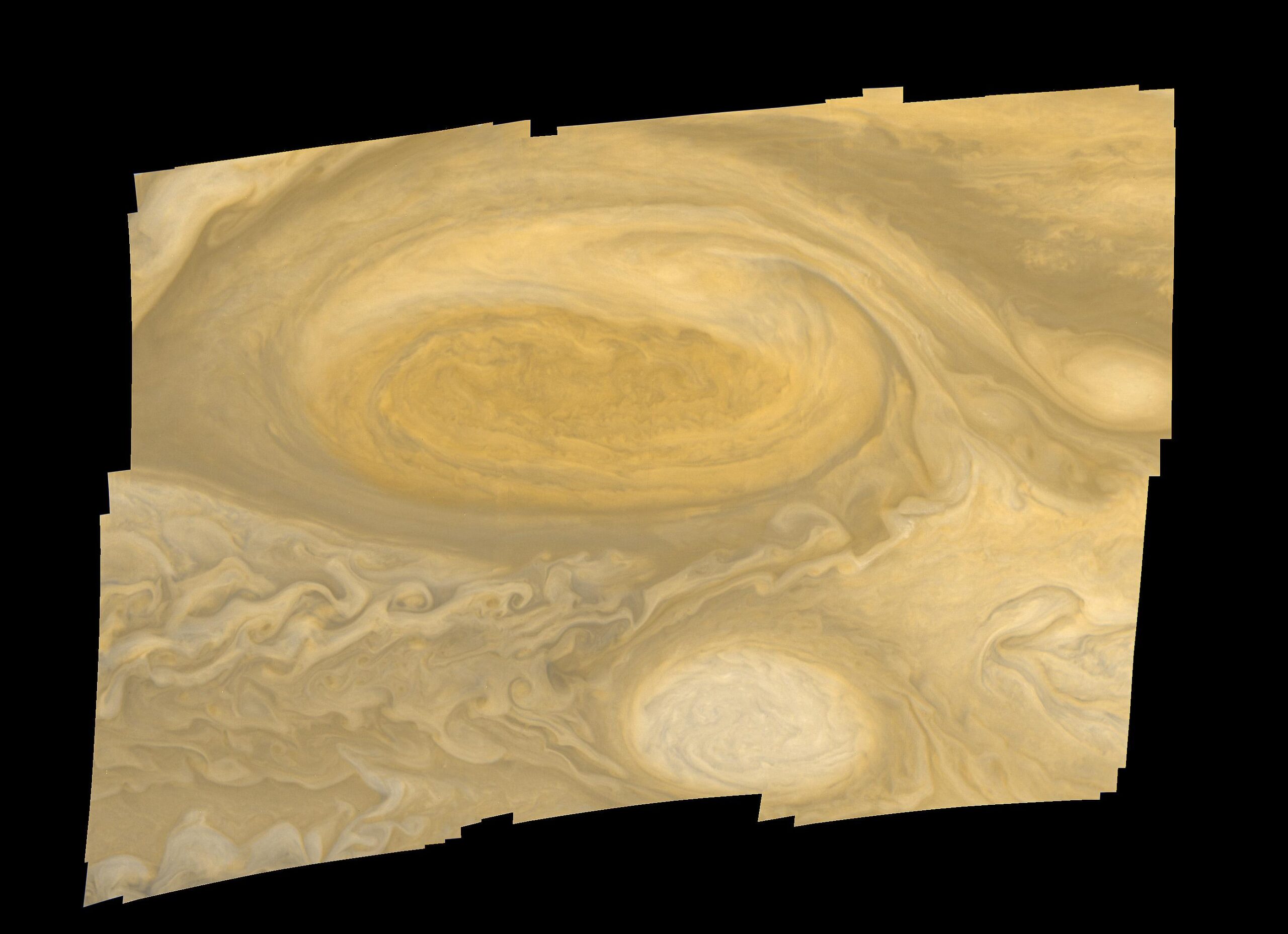 NASA Voyager 1 mosaic taken in March 1979 of Jupiter's Great Red Spot and adjacent white ovals and cloud bands