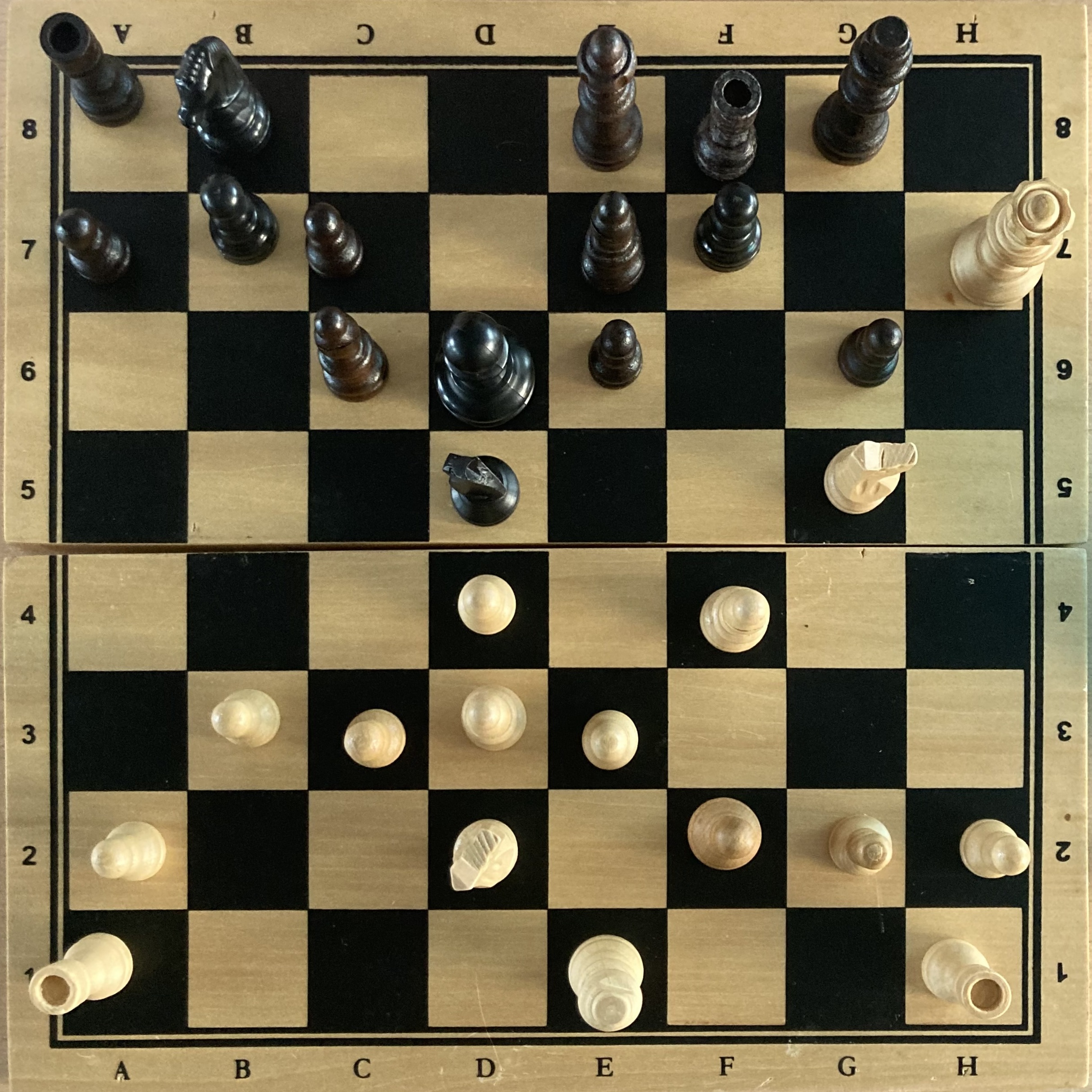 Overhead chess photograph of a checkmate position from a London System variation