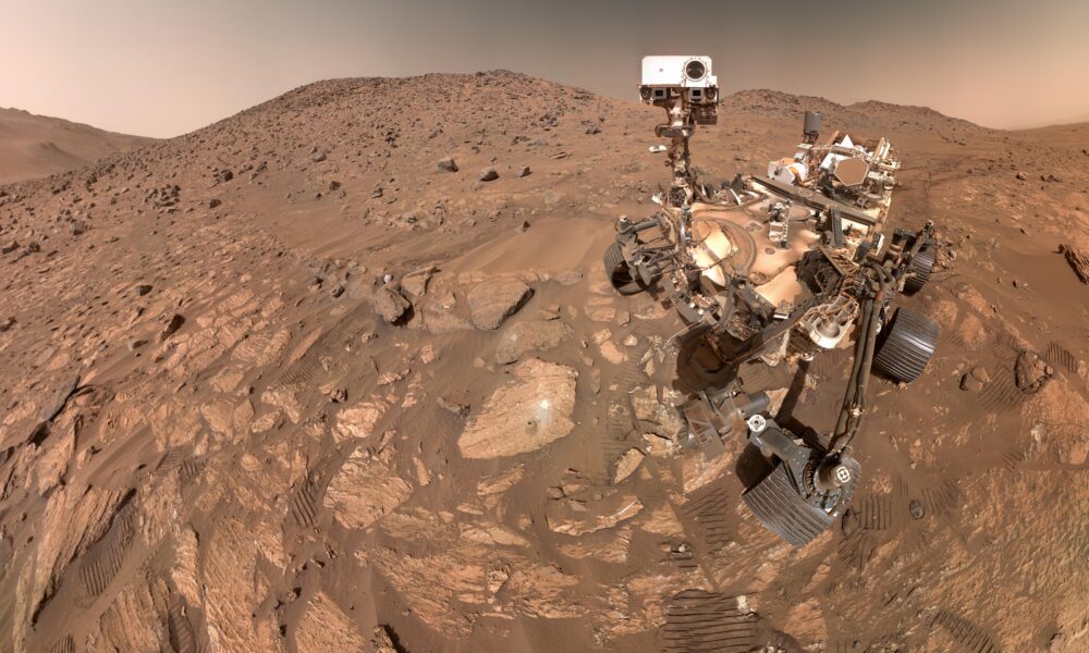 Real 2024 NASA Perseverance Mars rover selfie beside Cheyava Falls rock on the Martian surface