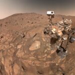 Real 2024 NASA Perseverance Mars rover selfie beside Cheyava Falls rock on the Martian surface