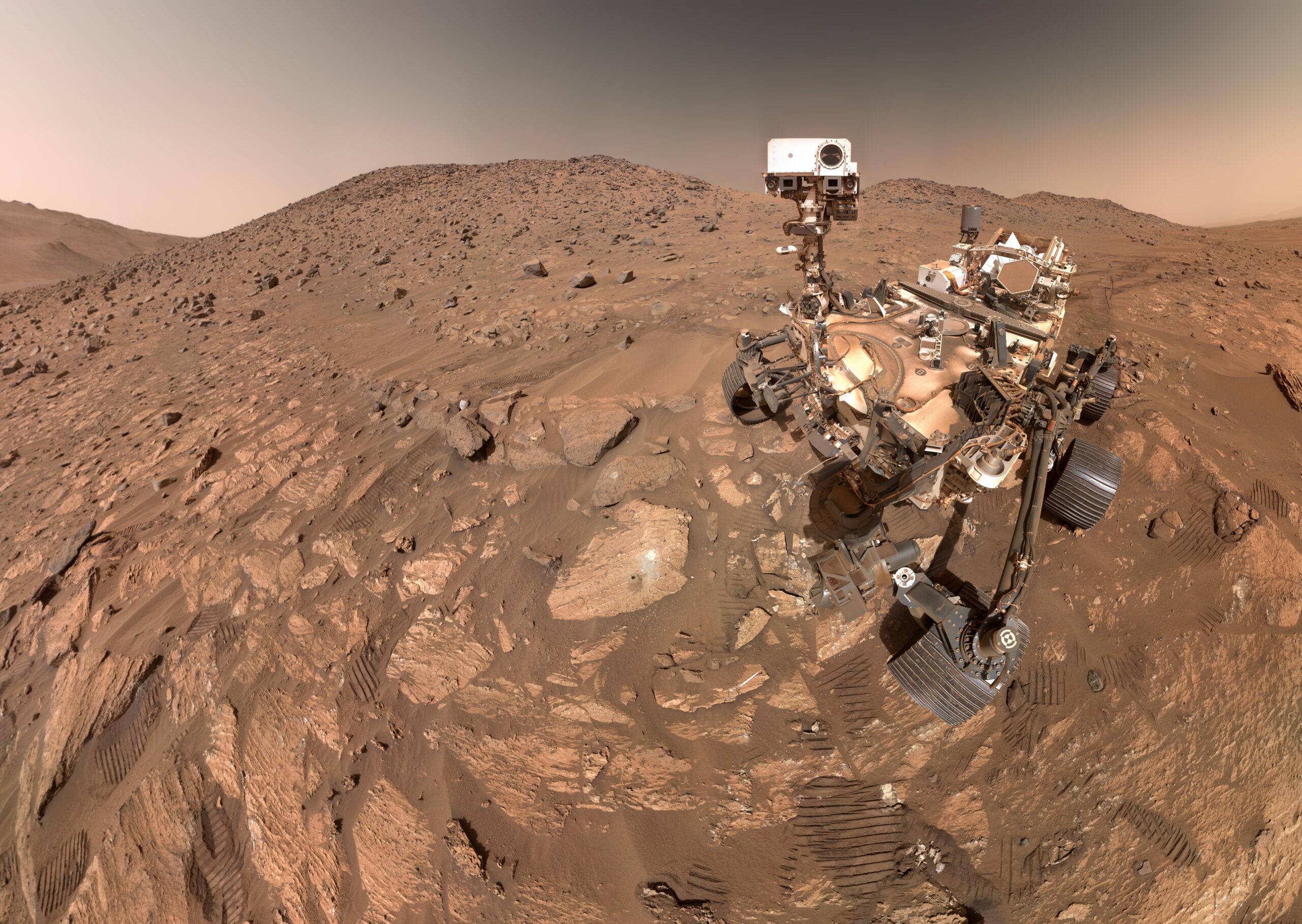 Real NASA Perseverance Mars rover selfie taken on July 23 2024 beside the Cheyava Falls rock in Jezero Crater