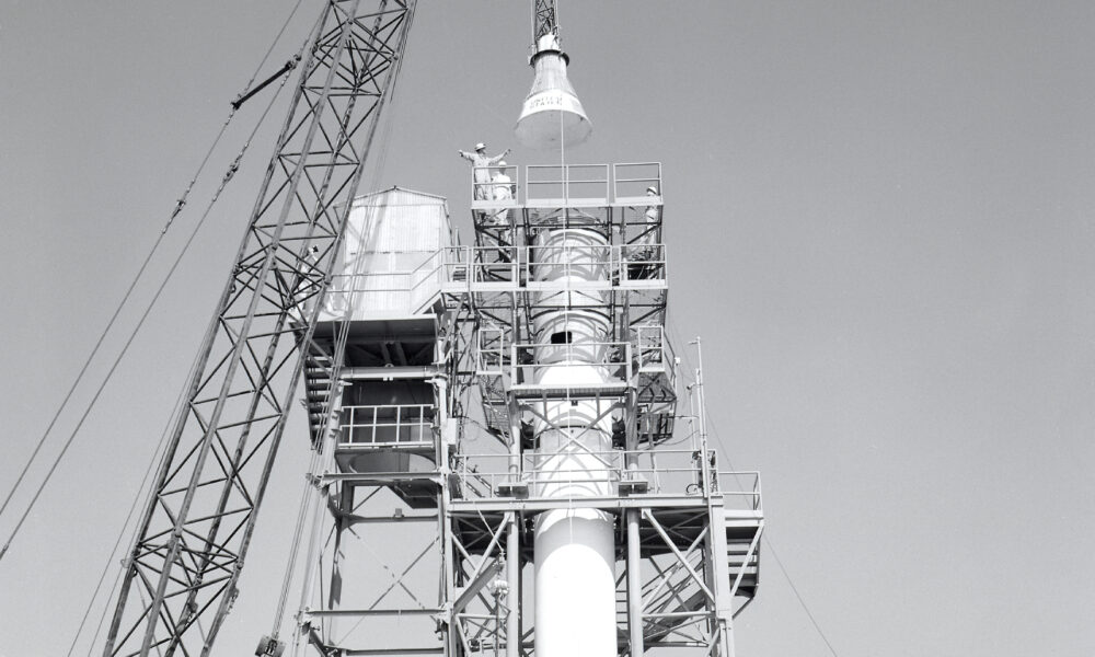 Actual NASA 1960 Mercury capsule mounted on the Redstone test stand, before crewed flights