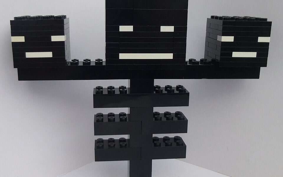 Photo of a LEGO Minecraft Wither model illustrating Minecraft-themed physical building