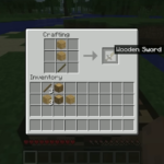 Historical Minecraft Beta crafting table screen showing a wooden sword recipe with planks and sticks