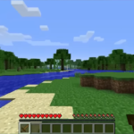 Blocky landscape in a Minecraft Beta gameplay screenshot