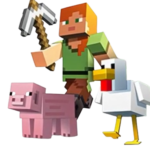 Minecraft character Alex standing beside a pig and chicken, animals used in examples of the lead item