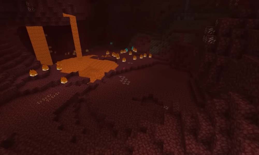 Screenshot of the Nether dimension in Minecraft, showing its distinctive block-based terrain