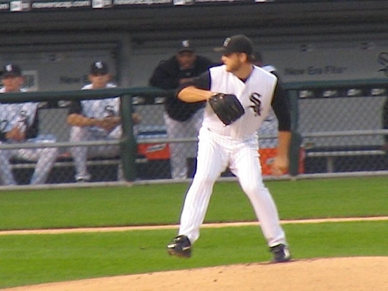 Starting pitcher Mark Buehrle delivering a pitch for the Chicago White Sox in a 2005 baseball game