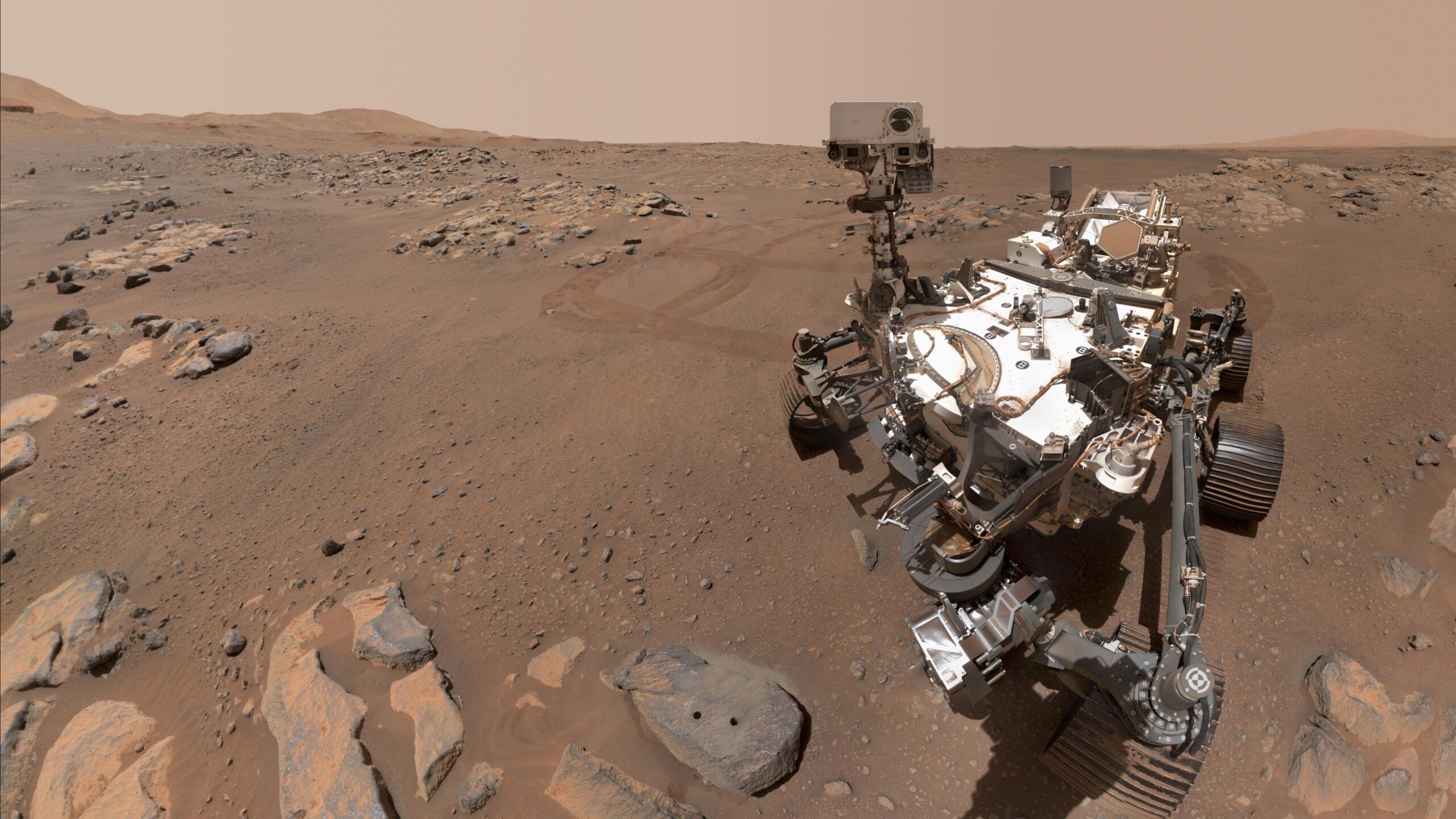 Authentic NASA Perseverance rover selfie beside the Rochette rock on Mars in 2021 with two drill sampling holes