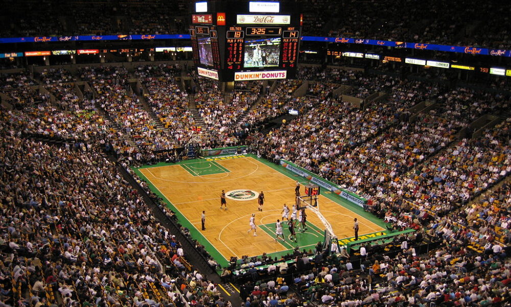 Boston Celtics and Miami Heat play on a basketball court in an NBA game