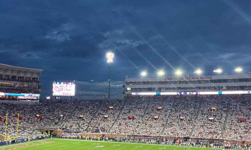 American football game at Vaught-Hemingway Stadium, illustrating NFL game and overtime rules