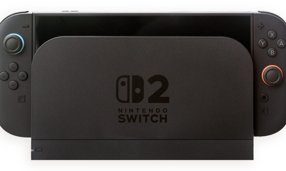 Nintendo Switch 2 console seated in its TV docking station, photographed from the front