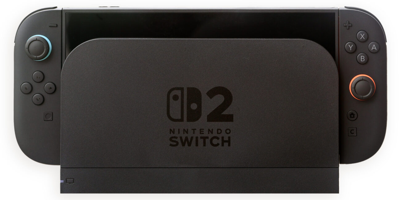 Nintendo Switch 2 console seated in its TV docking station, photographed from the front