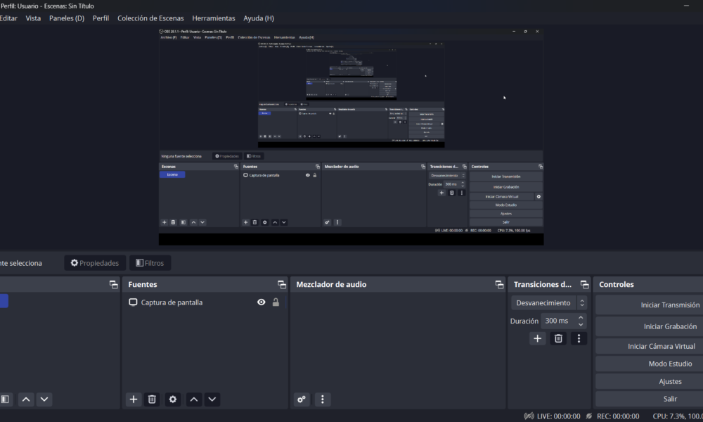 OBS Studio 29.1.1 interface on Windows 11, showing scene preview, sources, audio mixer, and recording controls