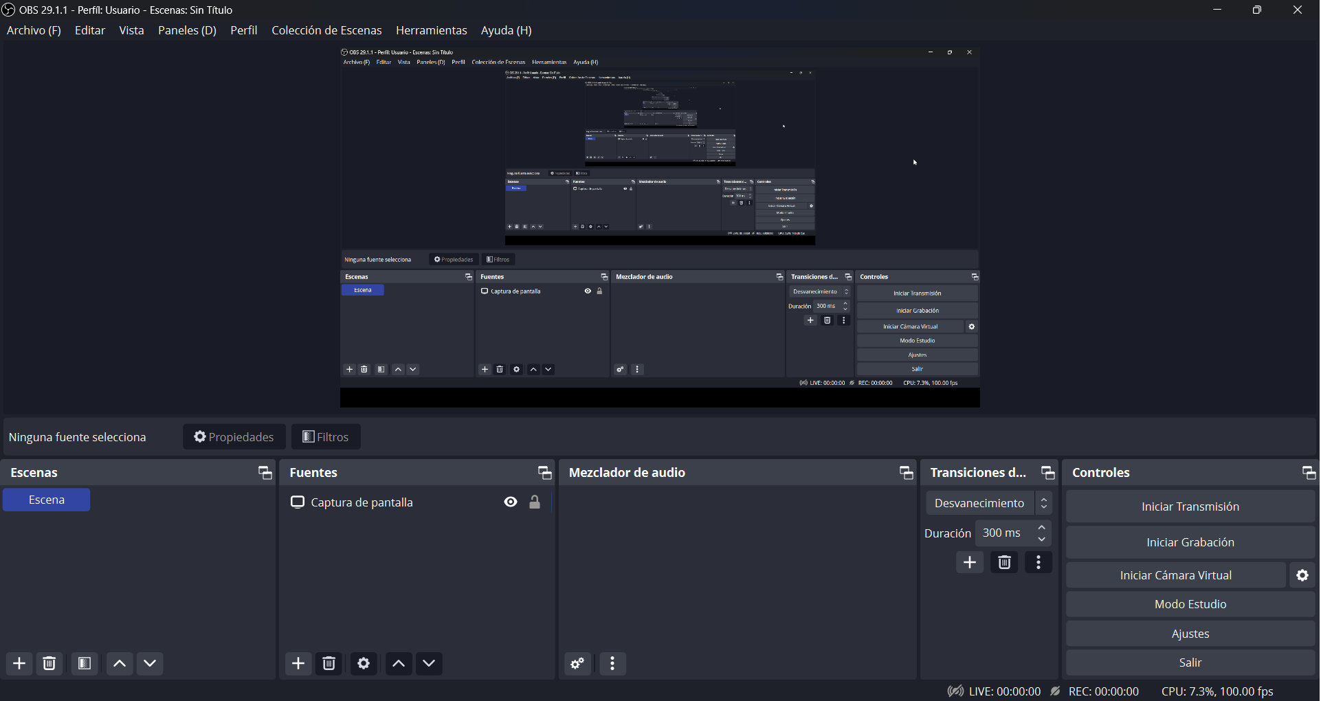 OBS Studio Windows 11 interface with preview, scene sources, audio mixer, and recording controls