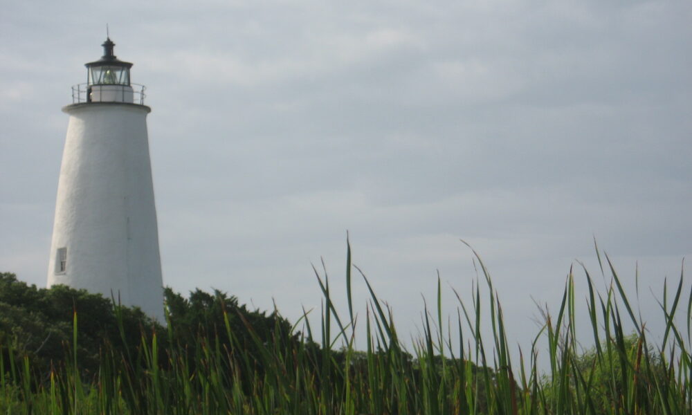 Real view of Ocracoke Lighthouse in North Carolina from coastal vegetation