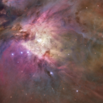 Real NASA Hubble Orion Nebula M42 image from 520 observations, showing stellar Trapezium cluster with gas and dusty star forming clouds