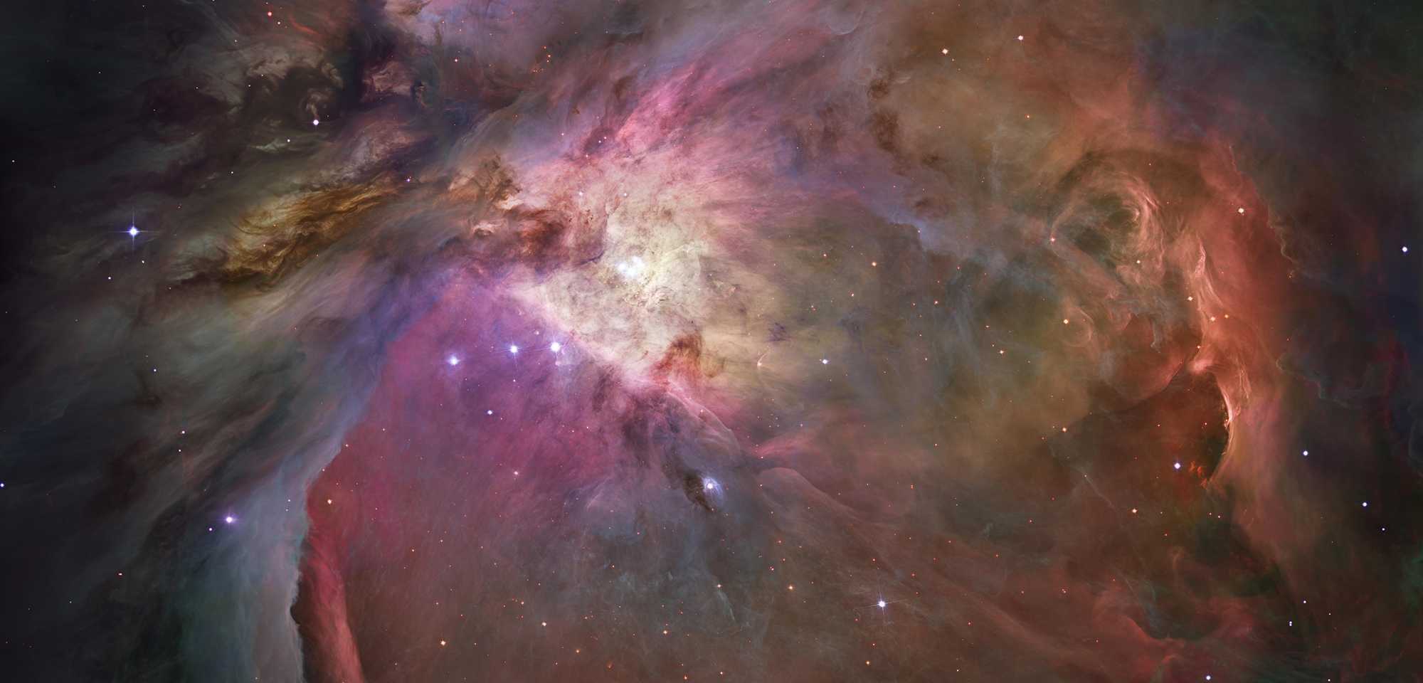 Actual NASA Hubble 2006 panorama of Orion Nebula M42, showing bright Trapezium star region and colorful clouds of gas and dust