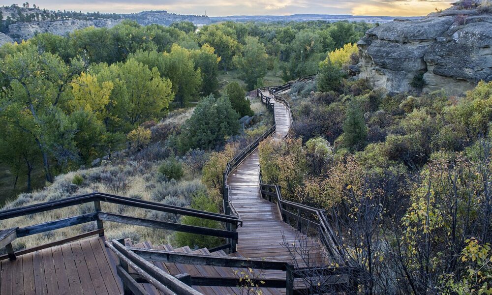 Wooden boardwalk and sandstone bluff at Pompeys Pillar National Monument in Montana