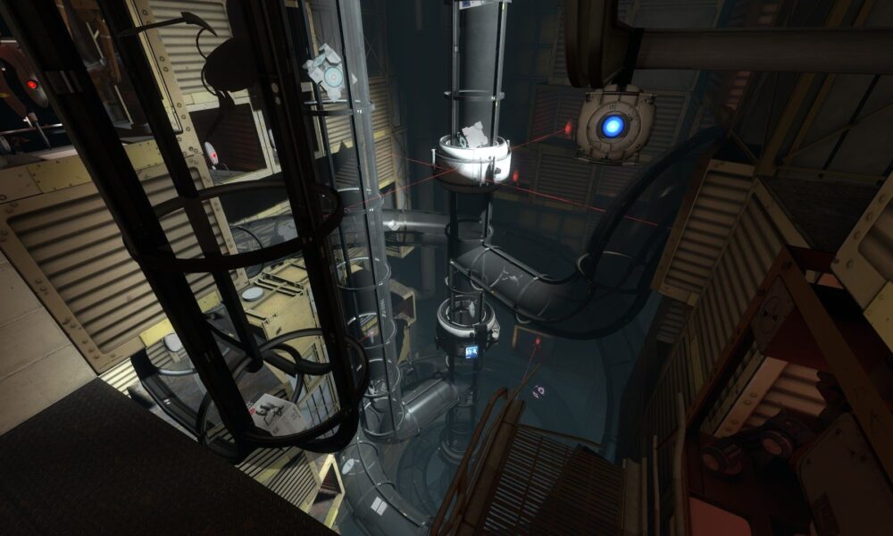 Real Portal 2 Steam gameplay screenshot showing the Aperture Science testing chamber with lasers and blue-eyed robotic sphere