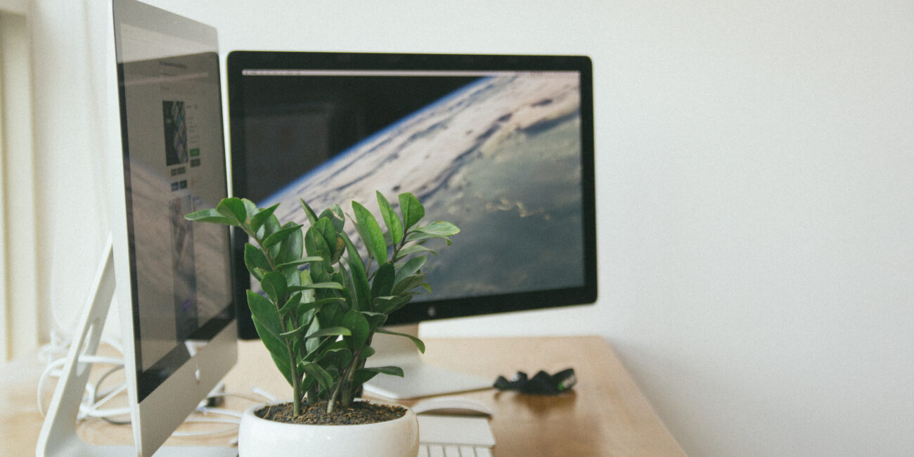 Real workspace with two physical computer monitors on a desk