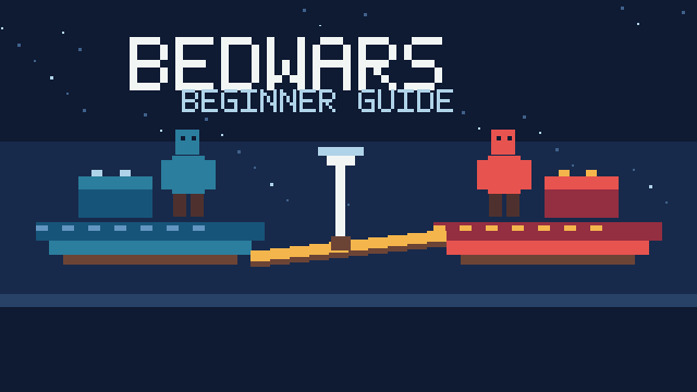 Original illustration of two block-style BedWars teams defending beds on floating islands connected by a bridge