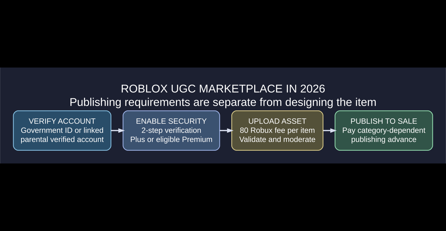Roblox UGC eligibility 2026 diagram covering ID verification, 2-step verification, membership, upload fee and publishing advance