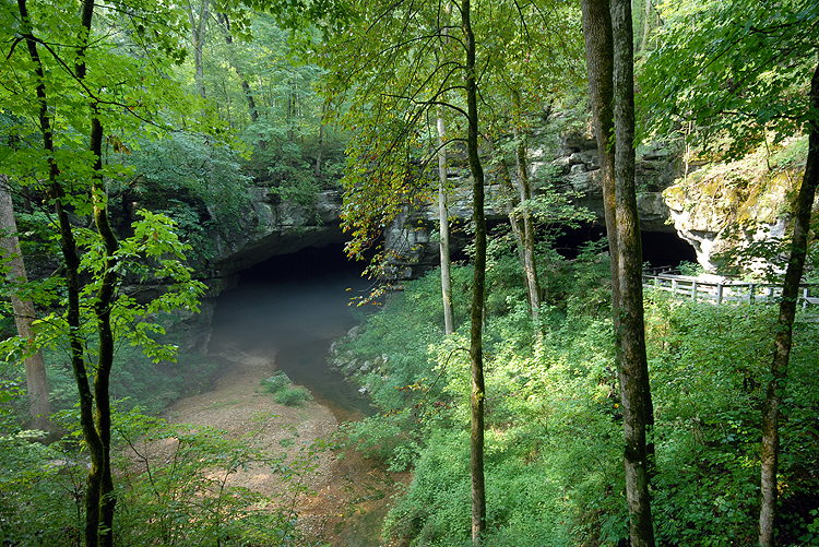 Real entrance of Russell Cave National Monument surrounded by forest in Alabama