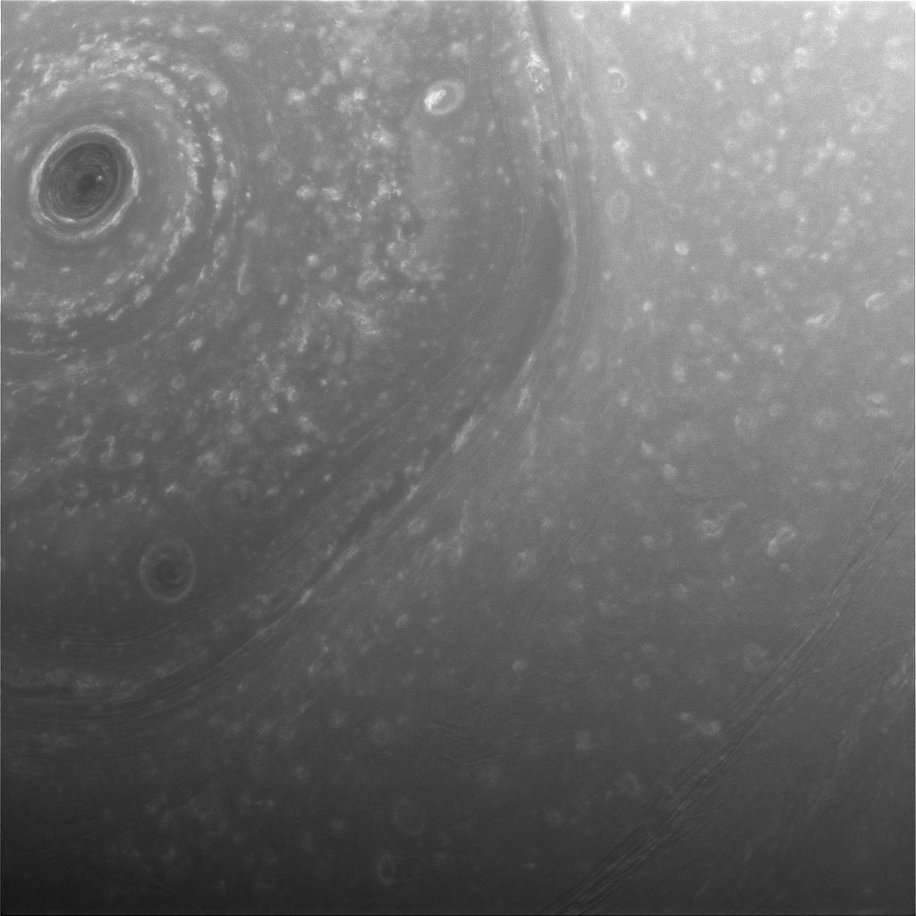 Authentic 2016 Cassini spacecraft photo of clouds and the giant hexagonal jet stream near Saturn's north pole