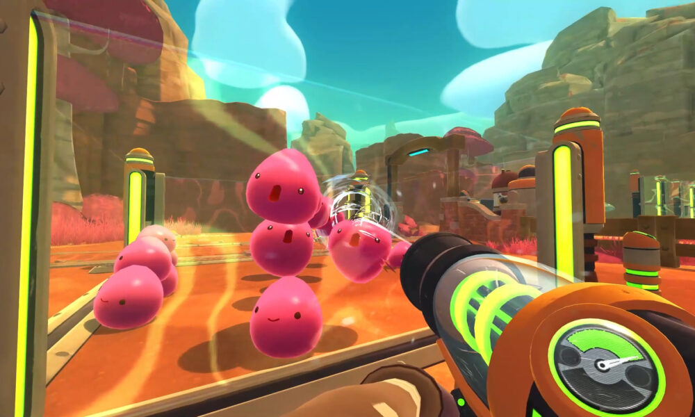 Actual Slime Rancher gameplay screenshot depicting Beatrix's colorful ranch and slimes, from Steam publisher gallery